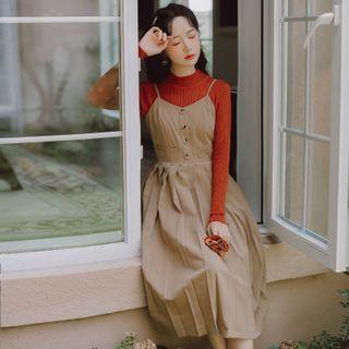Set: Pleated Midi Overall Dress + Mock-neck Knit Top