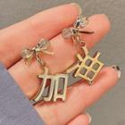 Chinese Characters Rhinestone Asymmetrical Dangle Earring 1 Pair - Gold - One Size