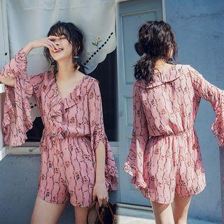 Flower Print Ruffle Trim Flared-sleeve Playsuit