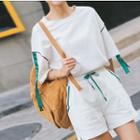 Set: Elbow-sleeve Contrast Trim T-shirt + Sweatshorts