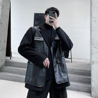 Faux Leather Paneled Single-breasted Cargo Blazer