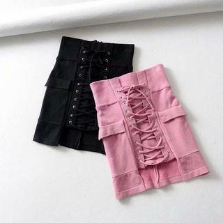 Plain High-waist Tie-front Mini Skirt