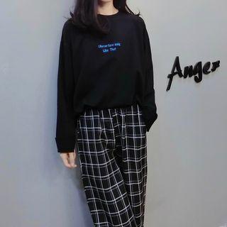 Set: Letter Embroidered Pullover + Plaid Straight-cut Pants