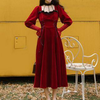 Bell-sleeve Velvet Midi A-line Dress