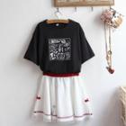 Short-sleeve Planet Print T-shirt / Mesh Panel Mini A-line Skirt / Set