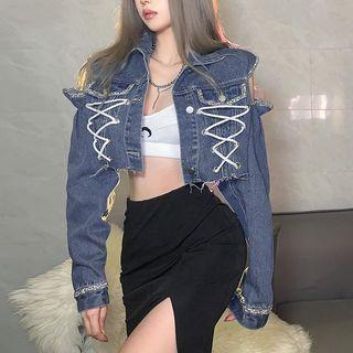 Rhinestone Cutout Denim Cropped Jacket