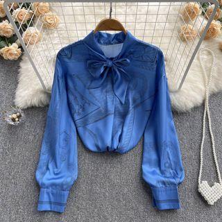 Ribbon Tie-neck Print Chiffon Blouse Blue - One Size