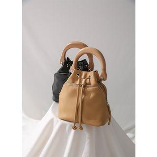 Wooden-handle Zip-detail Bucket Bag