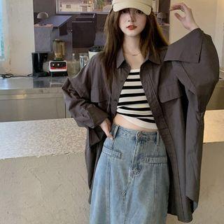 Long-sleeve Plain Front Pocket Oversized Shirt