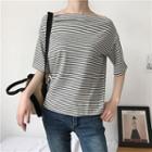 Off-shoulder Striped Elbow-sleeve T-shirt
