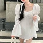 Puff-sleeve Cutout-back Mini Dress White - One Size