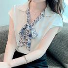 Cap-sleeve Ribbon Tie-neck Chiffon Blouse