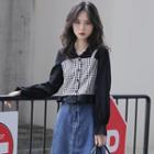 Mock Two-piece Long-sleeve Gingham Panel Cropped Blouse