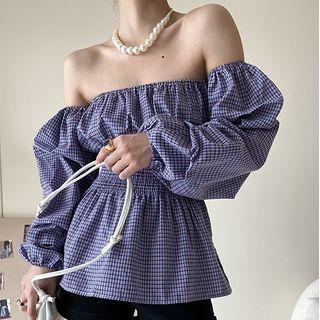 Balloon-sleeve Off-shoulder Plaid Blouse