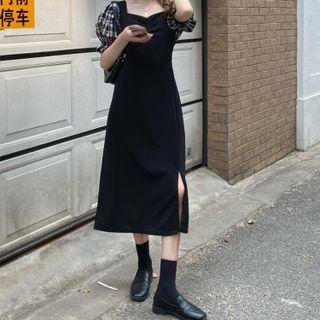 Plaid Panel Slit Dress