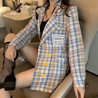 Double-breasted Checked Jacket Blue - One Size