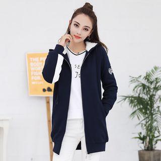 Lettering Fleece Lined Long Zip Hoodie