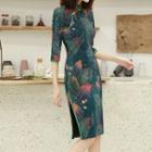 3/4-sleeve Leaf-pattern Midi Qipao Dress