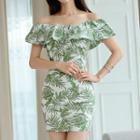 Leaf Print Off-shoulder Short-sleeve Mini Sheath Dress