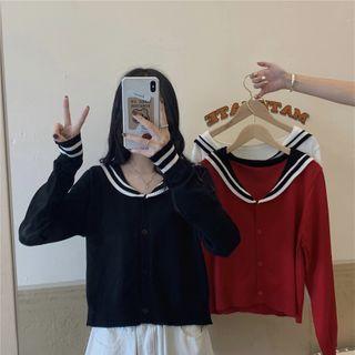 Long-sleeve Button-up Sailor Collar Knit Top