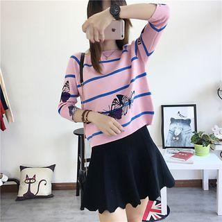 Butterfly Print Striped Sweater