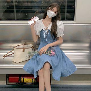 Set: Puff-sleeve Blouse + Denim Overall Dress