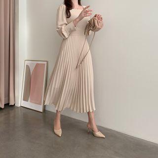 Square Neck Long-sleeve Midi Dress