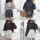 Striped Sheer Long Sleeve Henley T-shirt / Plain Skort
