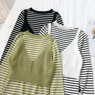 Set Of 2: Striped Long-sleeve Knit Top + Sleeveless Crop Top