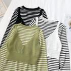 Set Of 2: Striped Long-sleeve Knit Top + Sleeveless Crop Top