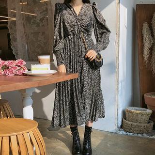 Drawstring-front Crystal-pleated Floral Dress