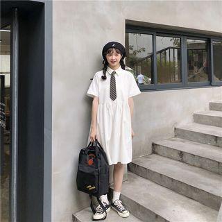 Plain Short-sleeve Collared Dress White - One Size