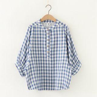 3/4-sleeve Check Henley Blouse