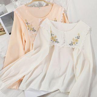 Collared Flower Print Long-sleeve Top