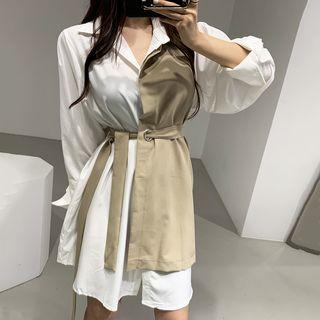 Long-sleeve Asymmetric Color Block Mini Shirt Dress