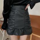 Velvet Tie-neck Blouse / Faux Leather Shirred A-line Skirt