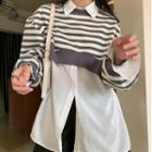 Plain Long-sleeve Shirt / Striped Cropped Pullover
