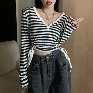 Long-sleeve Striped Drawstring Cropped T-shirt Stripe - Black & White - One Size