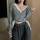 Long-sleeve Striped Drawstring Cropped T-shirt Stripe - Black & White - One Size