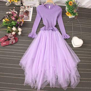Knit Long-sleeve Panel Mesh Midi A-line Dress