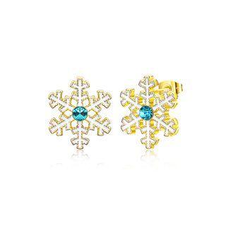Gold Snowflake Stud Earrings With Blue Austrian Element Crystal Golden - One Size