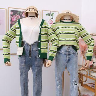 Heart-print Striped Light Knit Top / Cardigan