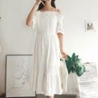 Elbow-sleeve Cold-shoulder A-line Midi Dress