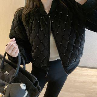 Faux-pearl Quilted Raglan Jacket Black - One Size
