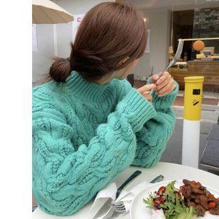 Plain Stand Collar Cable-knit Cropped Sweater Green - One Size