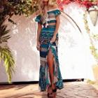 Set: Short-sleeve Off Shoulder Top + Slit Maxi Skirt