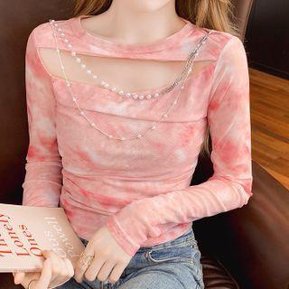 Long-sleeve Faux Pearl Chain Cutout Mesh Top