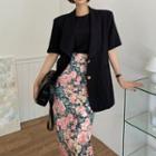 Elbow-sleeve Single-breasted Blazer / Short-sleeve Plain T-shirt / Floral Print Midi Pencil Skirt