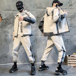 Set: Two-tone Lettering Hooded Jacket + Cropped Harem Pants