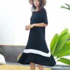 Contrast Trim Short-sleeve Midi A-line Dress